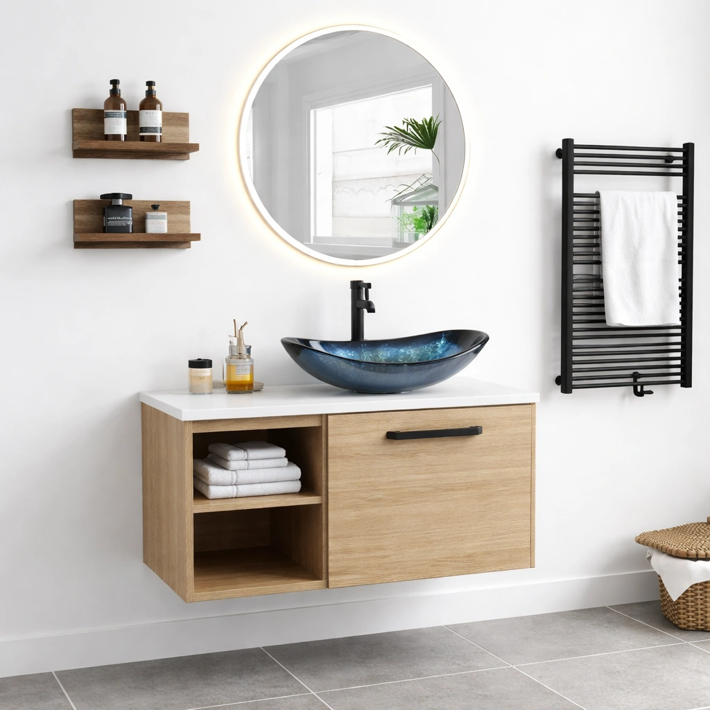 Meuble lavabo bois clair vasque poser rangement salle bain moderne- Rovirox