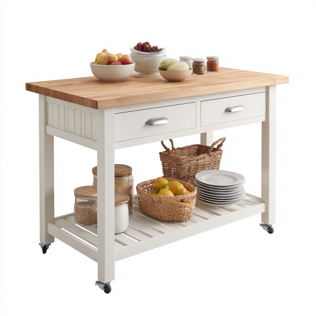 Carrello da cucina-legno massello-MDF-110x60x90 cm-Bianco-Legno naturale-Stile country moderno-Oakgethaus
