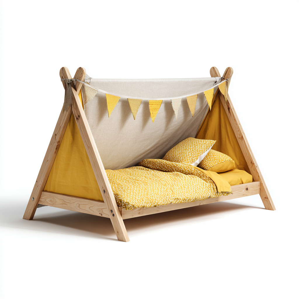 Letto per bambini-legno massello-tessuto-140x80x120 cm-naturale-giallo-stile moderno-Oakgethaus