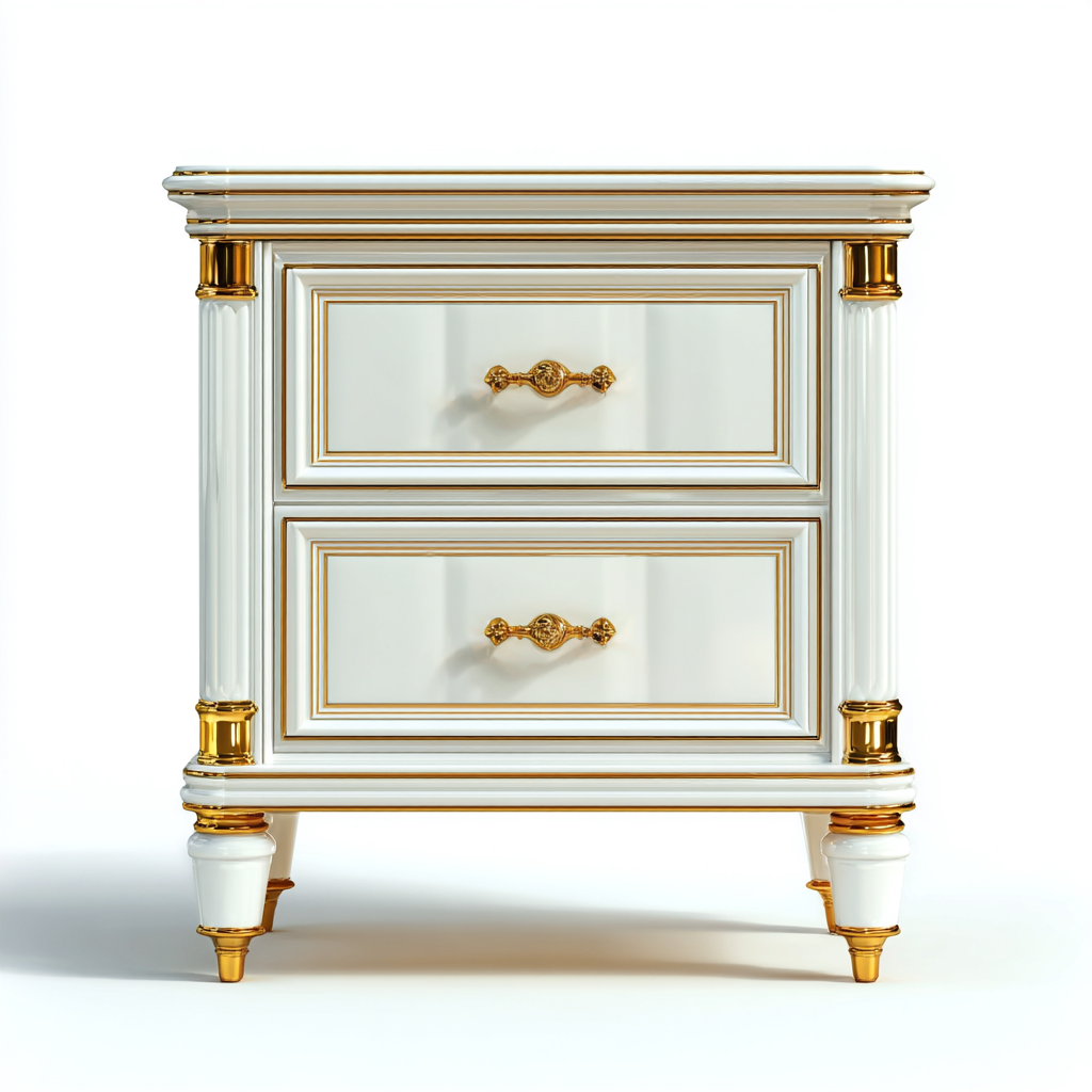 Comodino-legno-50x40x58 cm-bianco-oro-design classico elegante-Oakgethaus