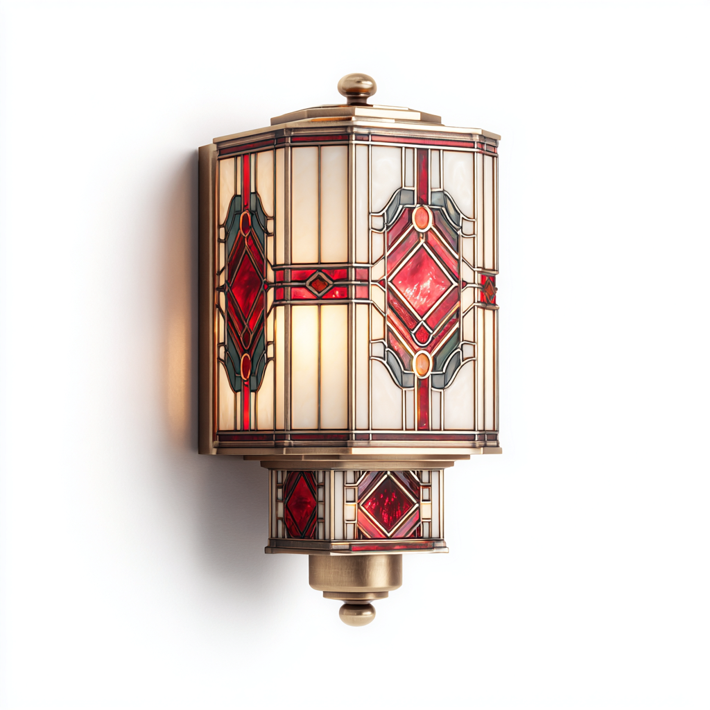 Applique-Vetro colorato-Metallo-22x18x38 cm-Rosso-Crema-Oro-Stile art deco-Oakgethaus