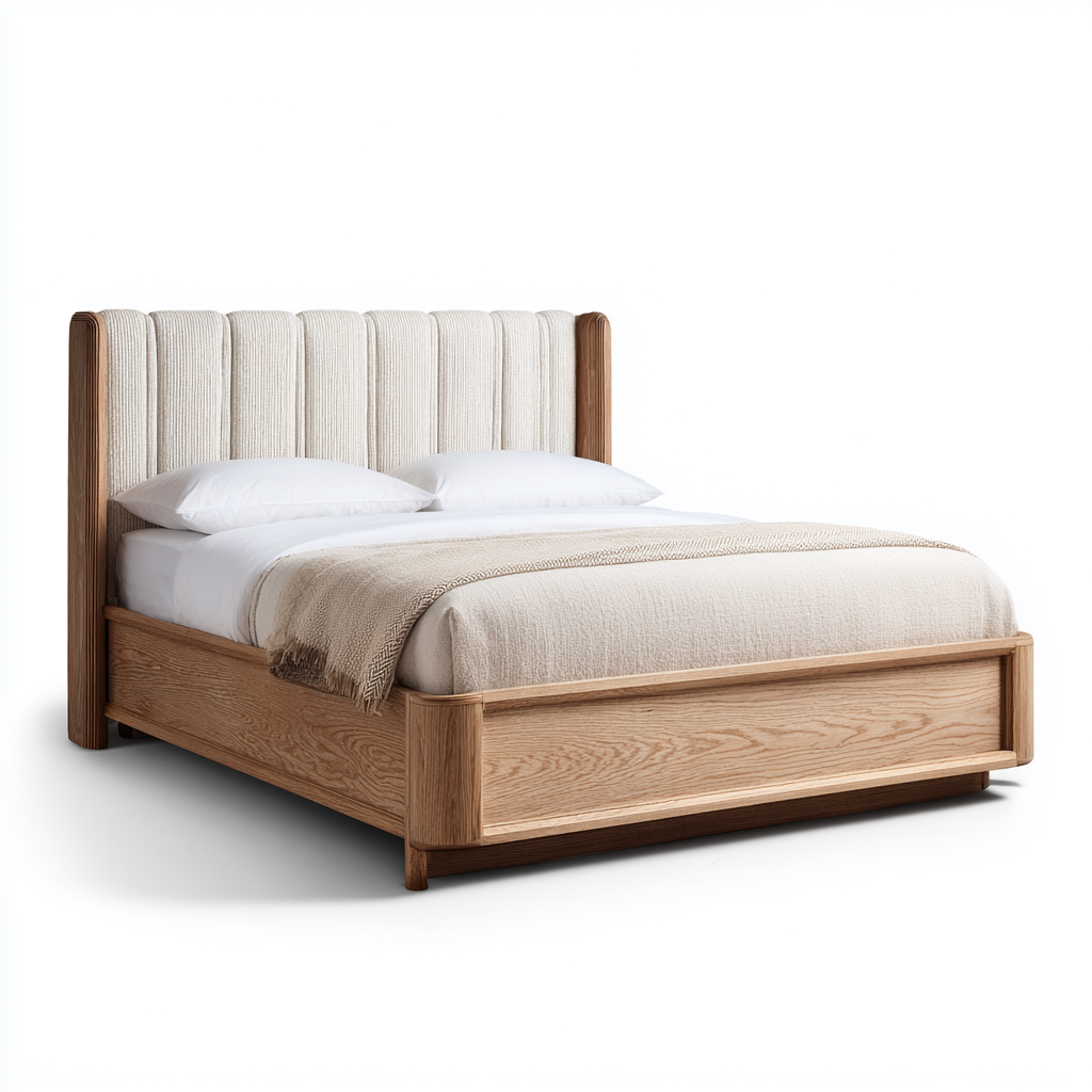 Letto matrimoniale-legno-tessuto-214x172x118 cm-legno-beige-design moderno-Oakgethaus