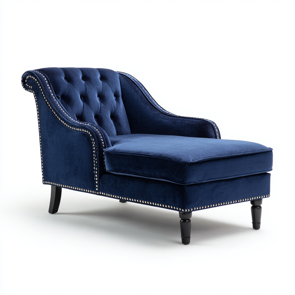 Chaise longue-Velluto-Legno-164x74x82 cm-Blu-Stile classico raffinato-Oakgethaus