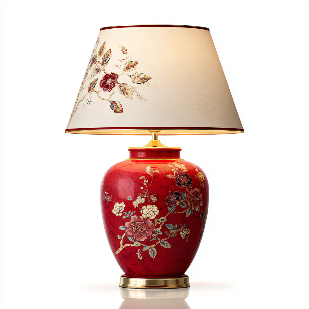 Lampada da tavolo - ceramica-metallo-tessuto - 32x32x52 cm - rosso-oro-avorio - stile classico-Oakgethaus
