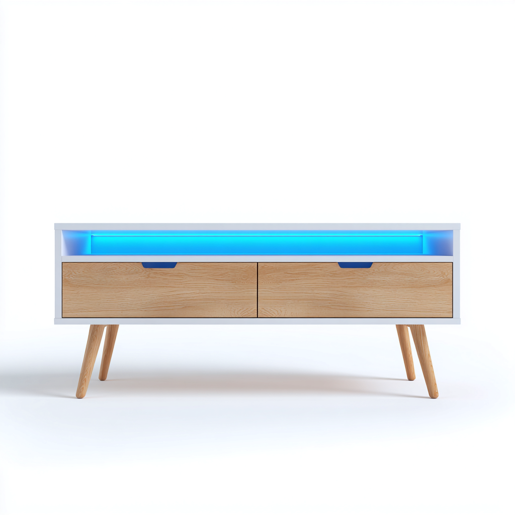 Mobile TV-legno ingegnerizzato-legno massello-160x40x55 cm-bianco-rovere naturale-per soggiorno-con illuminazione LED-stile moderno-Oakgethaus