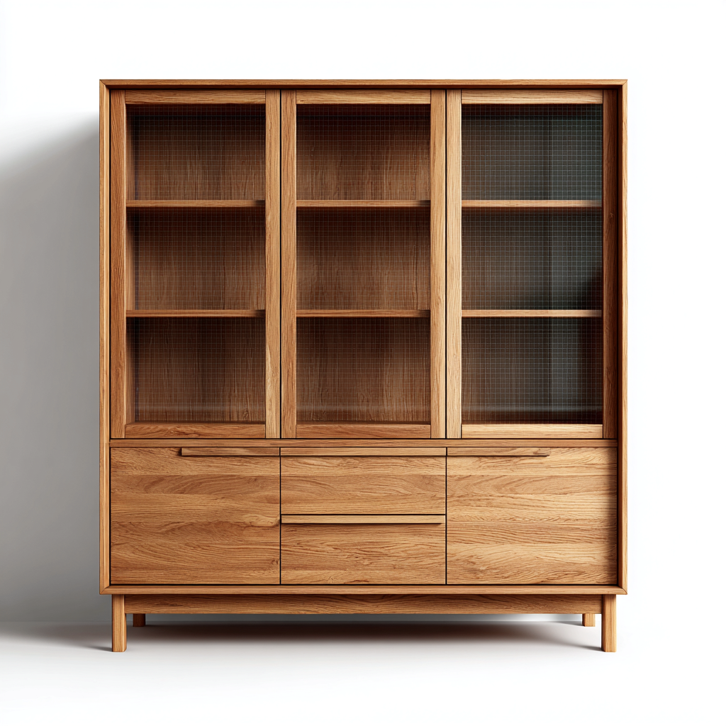 Vetrina-Legno massello-Vetro-160x45x180 cm-Legno naturale-Stile nordico essenziale-Oakgethaus