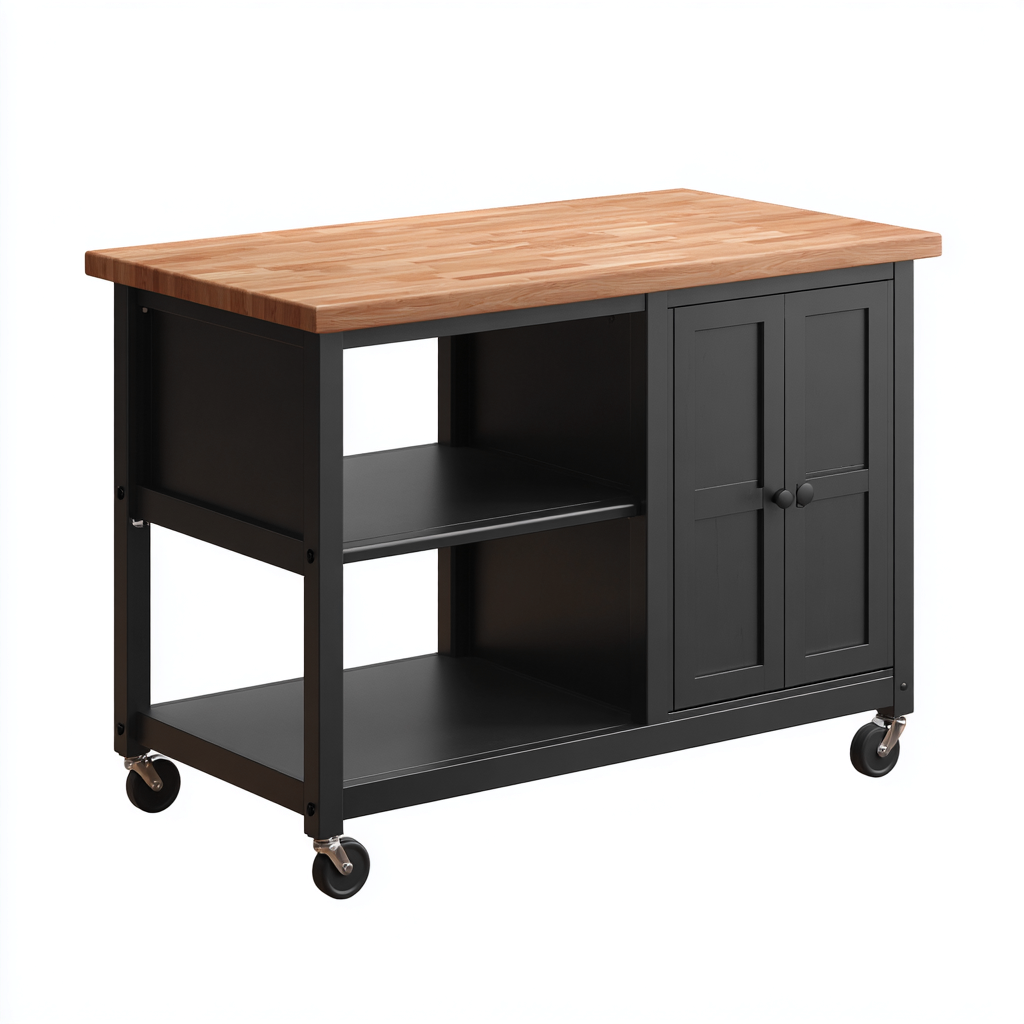 Isola da cucina-Metallo-Legno-132x66x90 cm-Nero-Legno naturale-Stile industriale funzionale-Oakgethaus