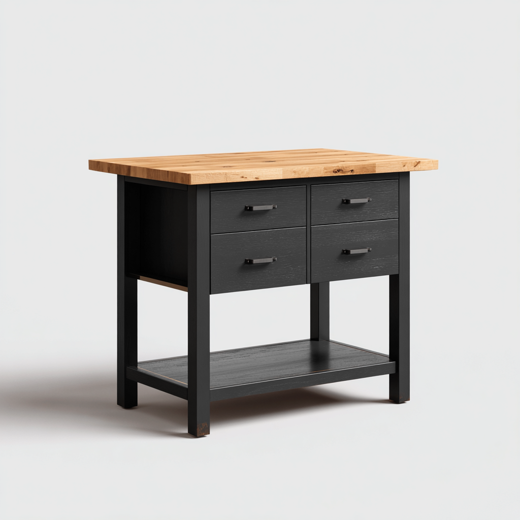 Isola da cucina-Metallo-Legno-92x60x90 cm-Nero-Legno naturale-Stile industriale compatto-Oakgethaus