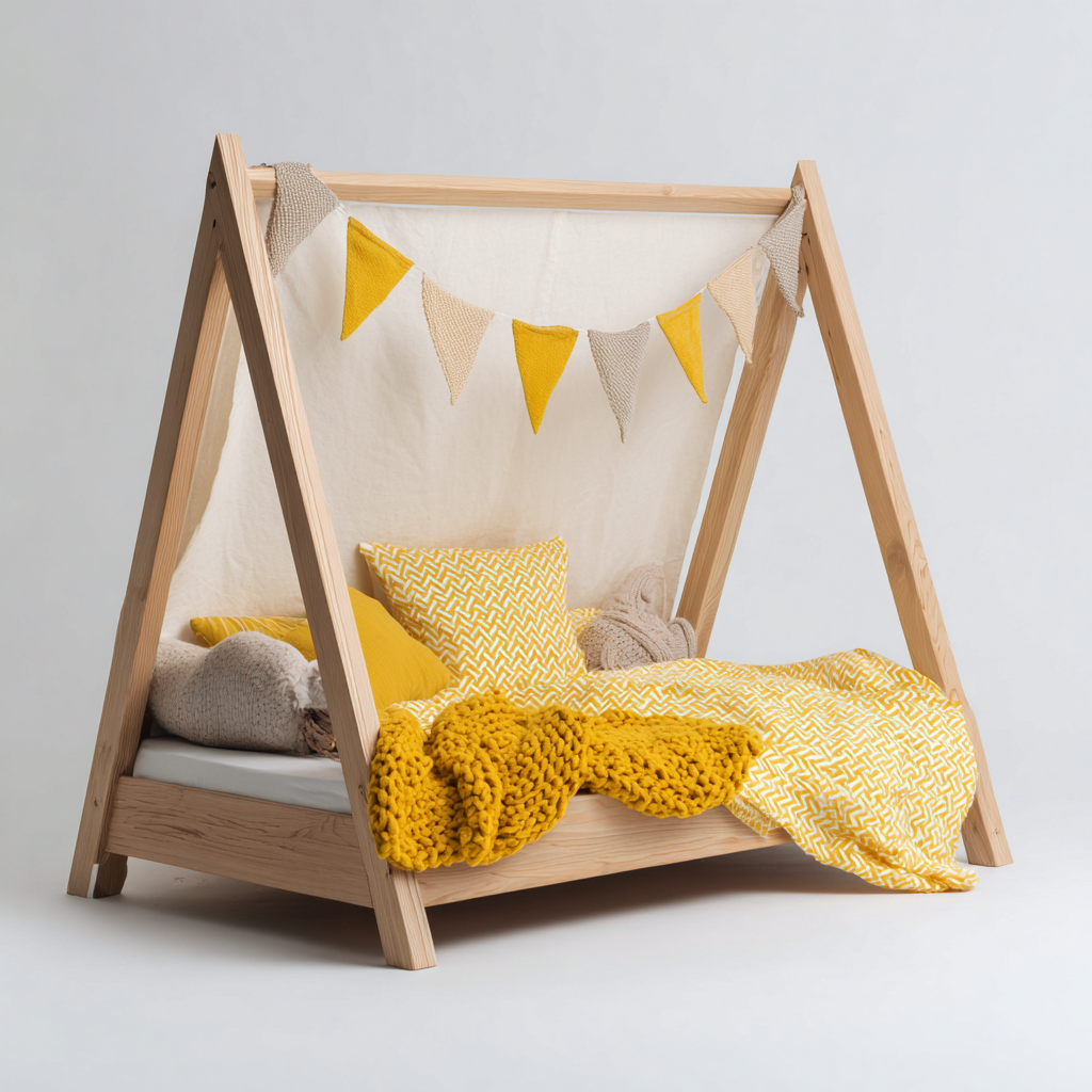 Letto per bambini-legno massello-tessuto-160x80x120 cm-naturale-giallo-stile moderno-Oakgethaus