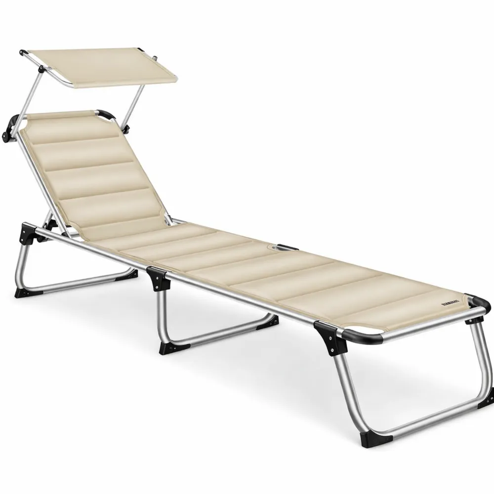 Chaise longue de jardin pliable avec pare-soleil et dossier ajustable, ergonomique, beige