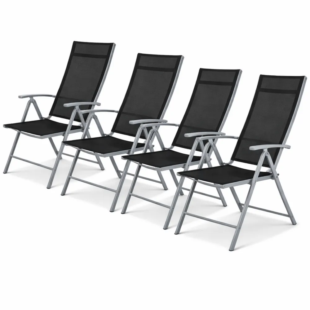 Set de 4 chaises de jardin pliantes avec accoudoirs, aluminium, dossier réglable, résistance aux intempéries