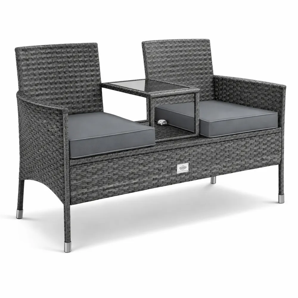 Banc de Jardin Deux Places Avec Table Intégrée et Coussin, Résistant aux Intempéries