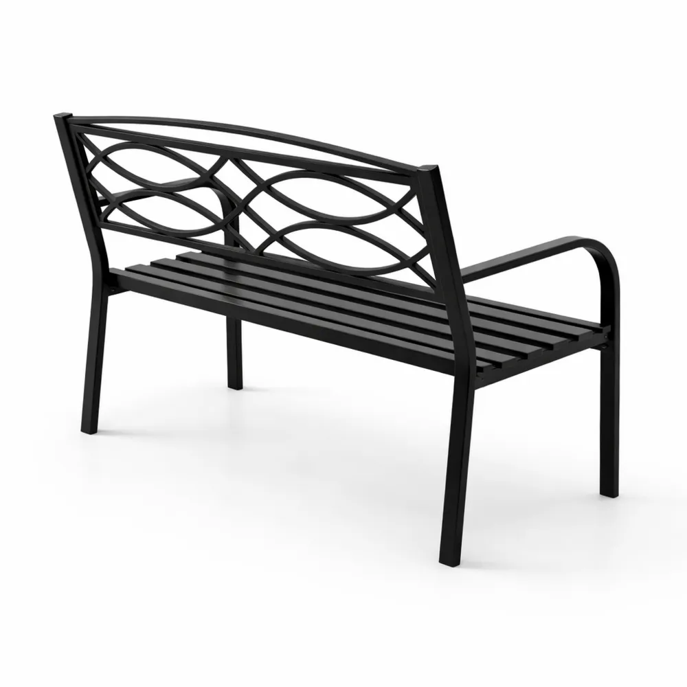Banc de jardin en métal 2 places avec dossier inclinable, capacité 300 kg, pour balcon ou terrasse, motif géométrique noir