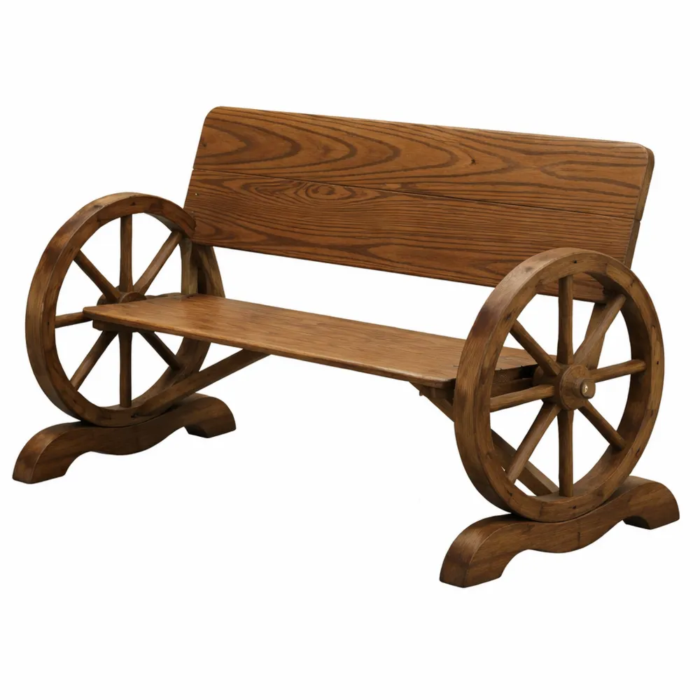 Banc de jardin 3 places en bois de sapin carbonisé avec accoudoirs et roues décoratives