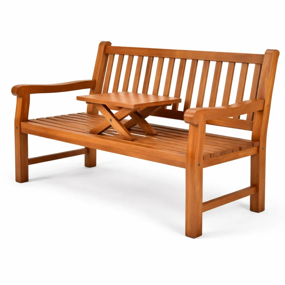 Banc de jardin en teck résistant aux intempéries avec table pliante intégrée 150 cm