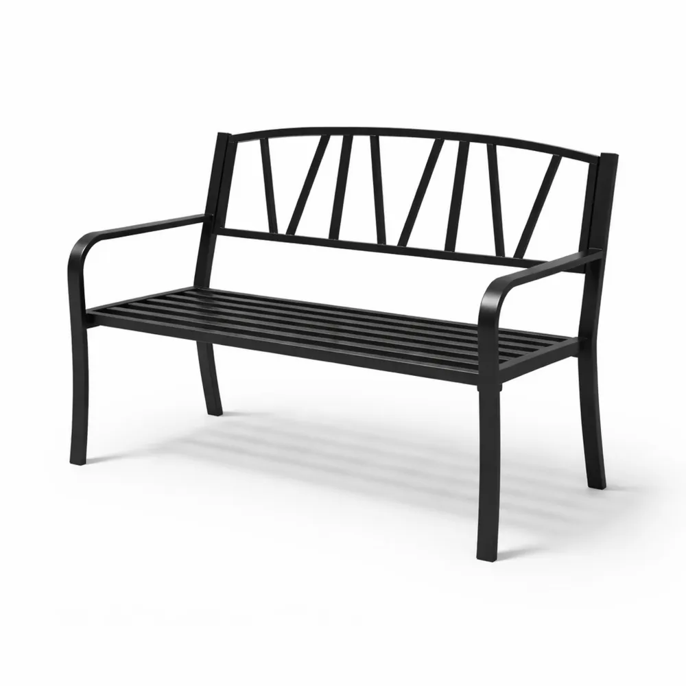 Banc de Jardin en Métal, Capacité 300 kg, Assise à Lattes, Accoudoirs Confortables