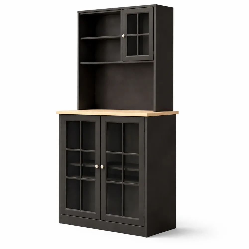 Buffet de Cuisine avec Rangement Haut et Étagères Réglables, 3 Portes Vitrées et Niches, 80 x 37 x 183 cm, Noir