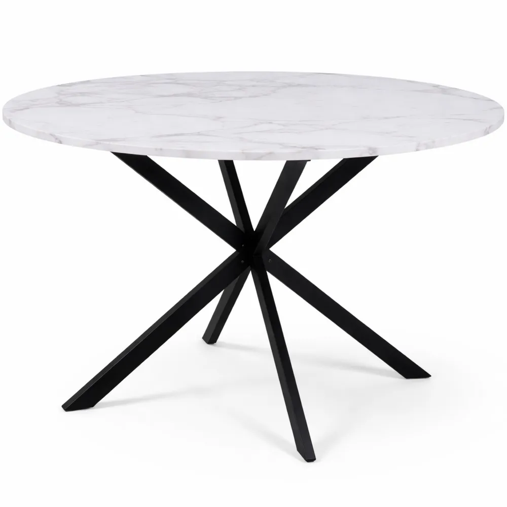 Table à Manger Ronde 6 Personnes Pied Noir et Plateau Effet Marbre Blanc 110 cm