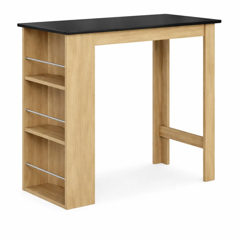 Table haute de cuisine avec étagères chêne clair