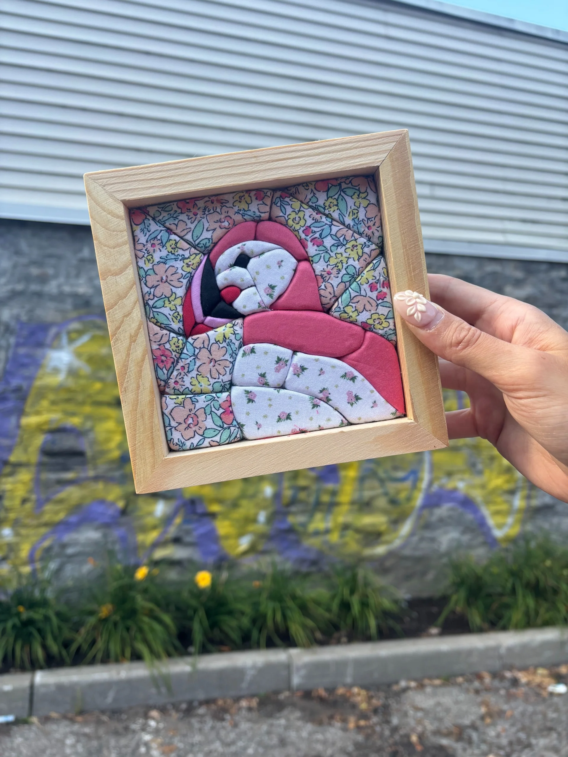 Pink Parrot Wireless Quilted Fabric Art