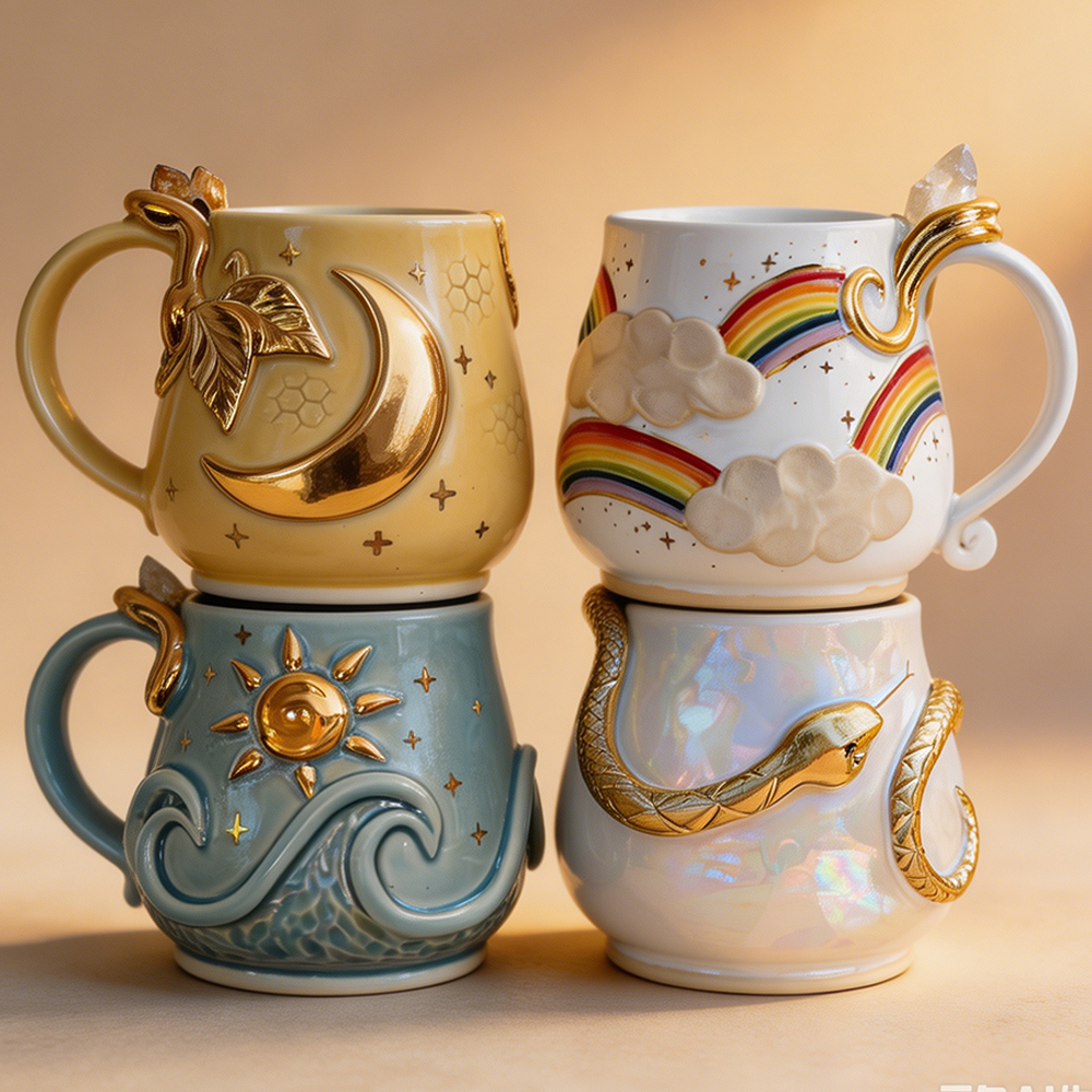 Whimsical Sculpted Ceramic Coffee Mugs - Set of 4