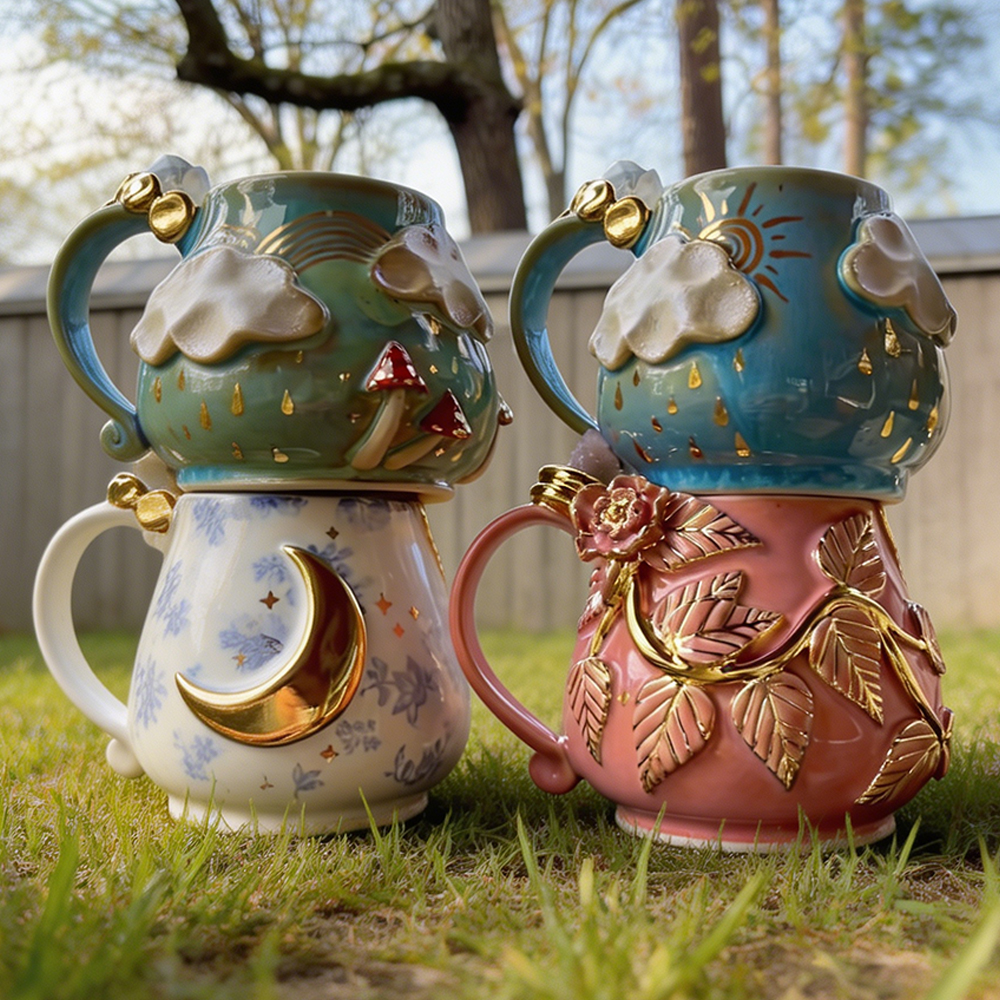 Enchanted Forest Sculpted Ceramic Coffee Mugs - Set of 4