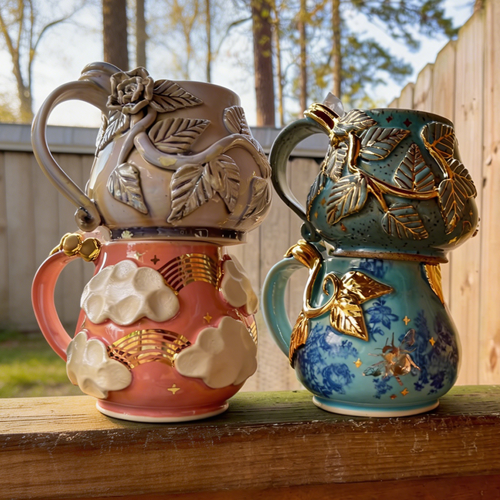Enchanted Garden Sculpted Pottery Coffee Mugs - Set of 4