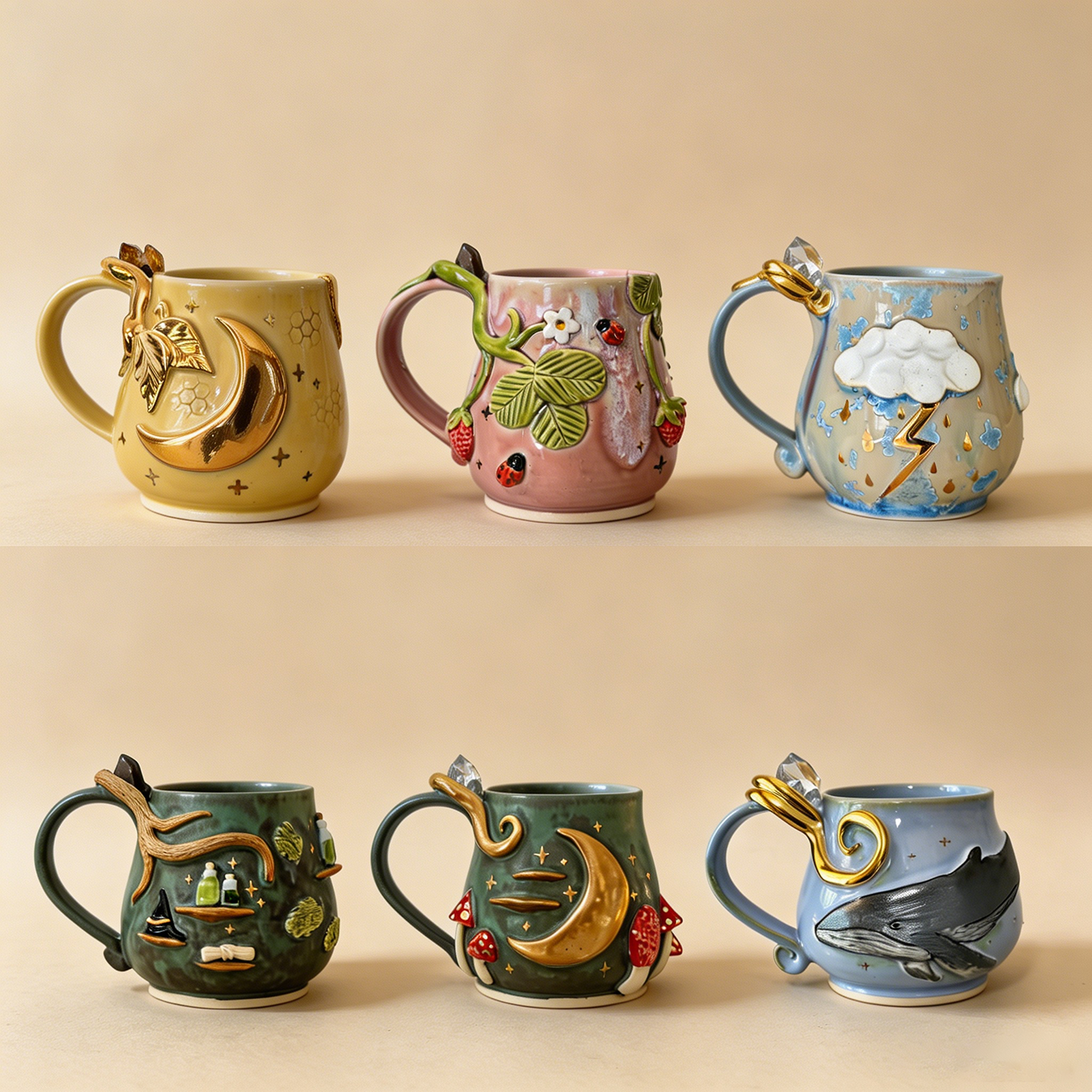 Complete Collection Artisan Fantasy Coffee Mugs | 6 Pack Unique 3D Design