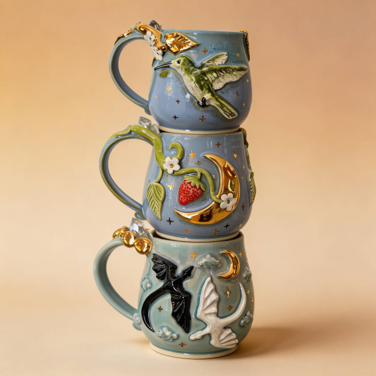 Hummingbird Strawberry Dragon Mugs | Set of 3