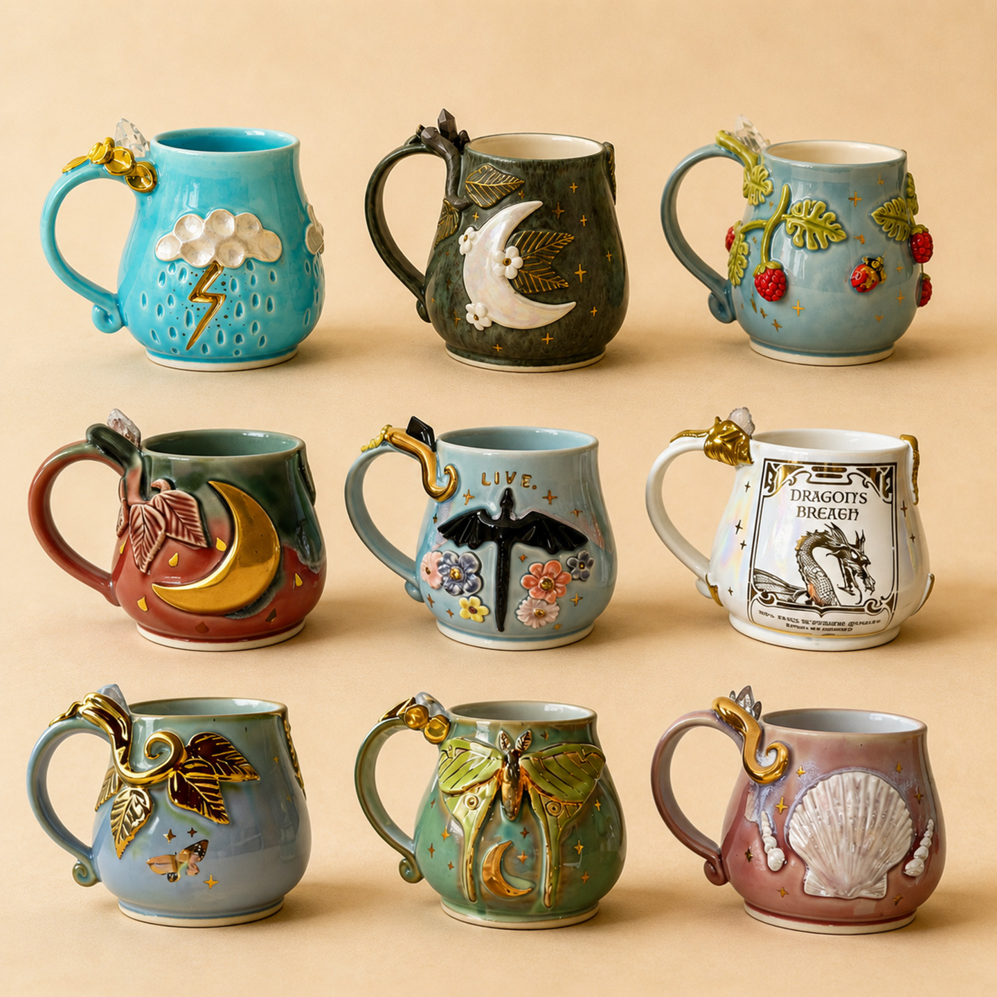 Whimsical Handmade Ceramic Mug Collection – 9 Pack