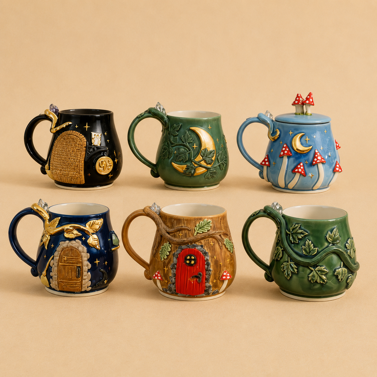Enchanted Forest Handmade Ceramic Mug Collection – Set of 6