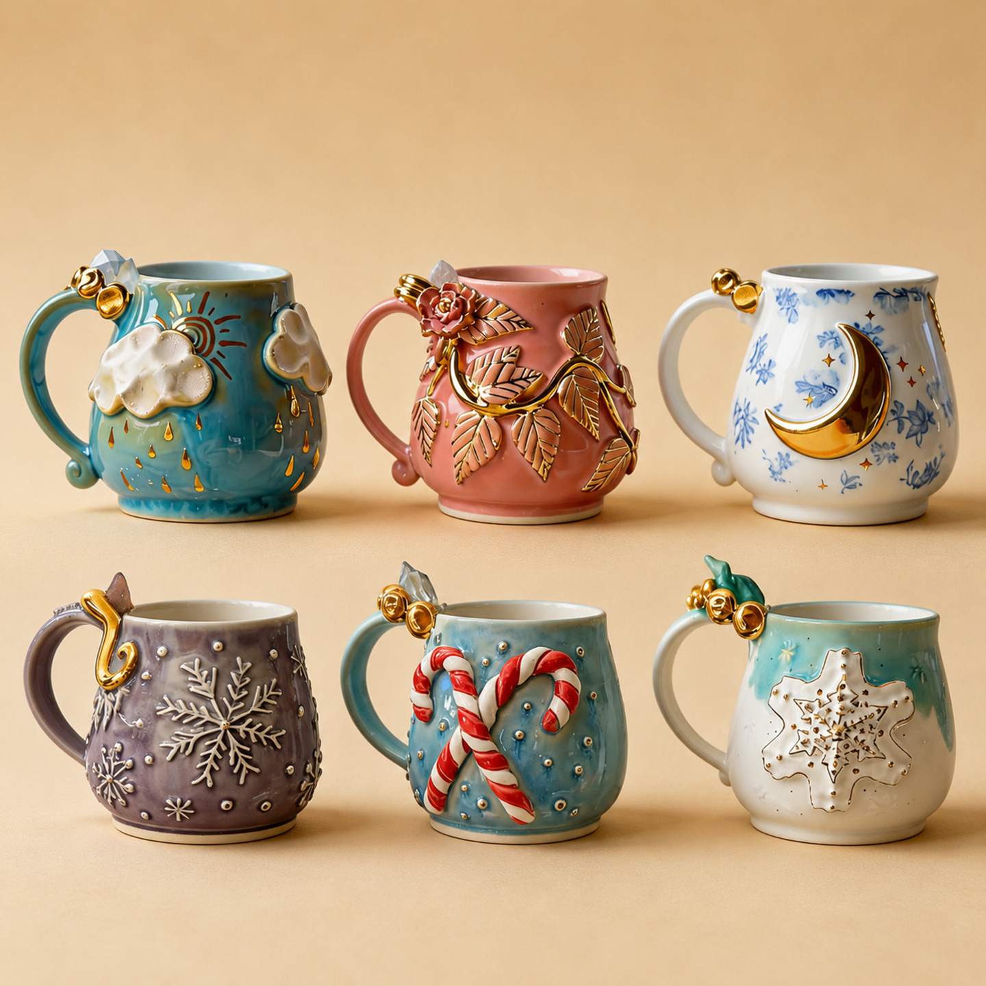 Moonlight & Meadow Ceramic Mug Collection – 6-Pack