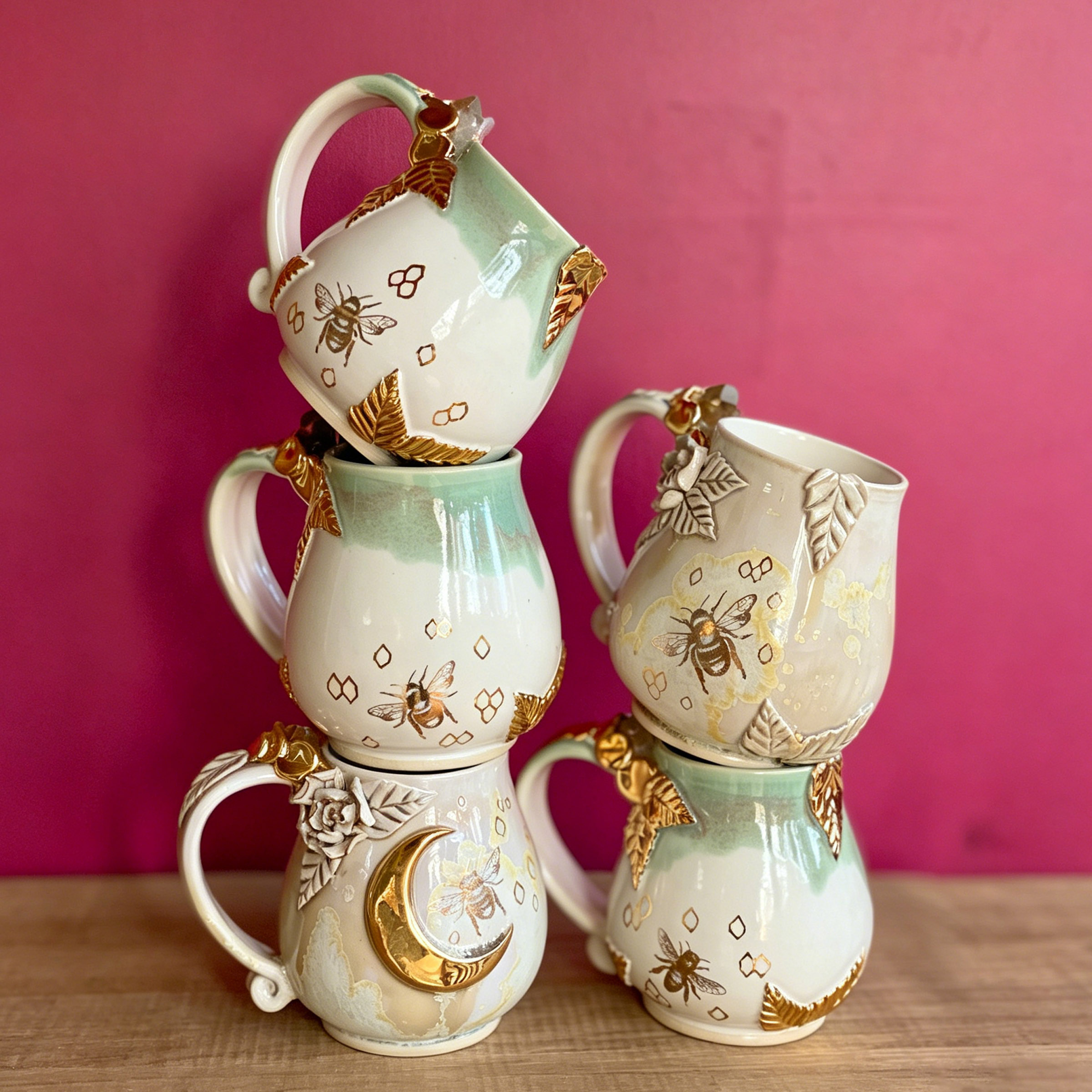 Golden Bee Handmade Mug Collection – 5-Piece Set