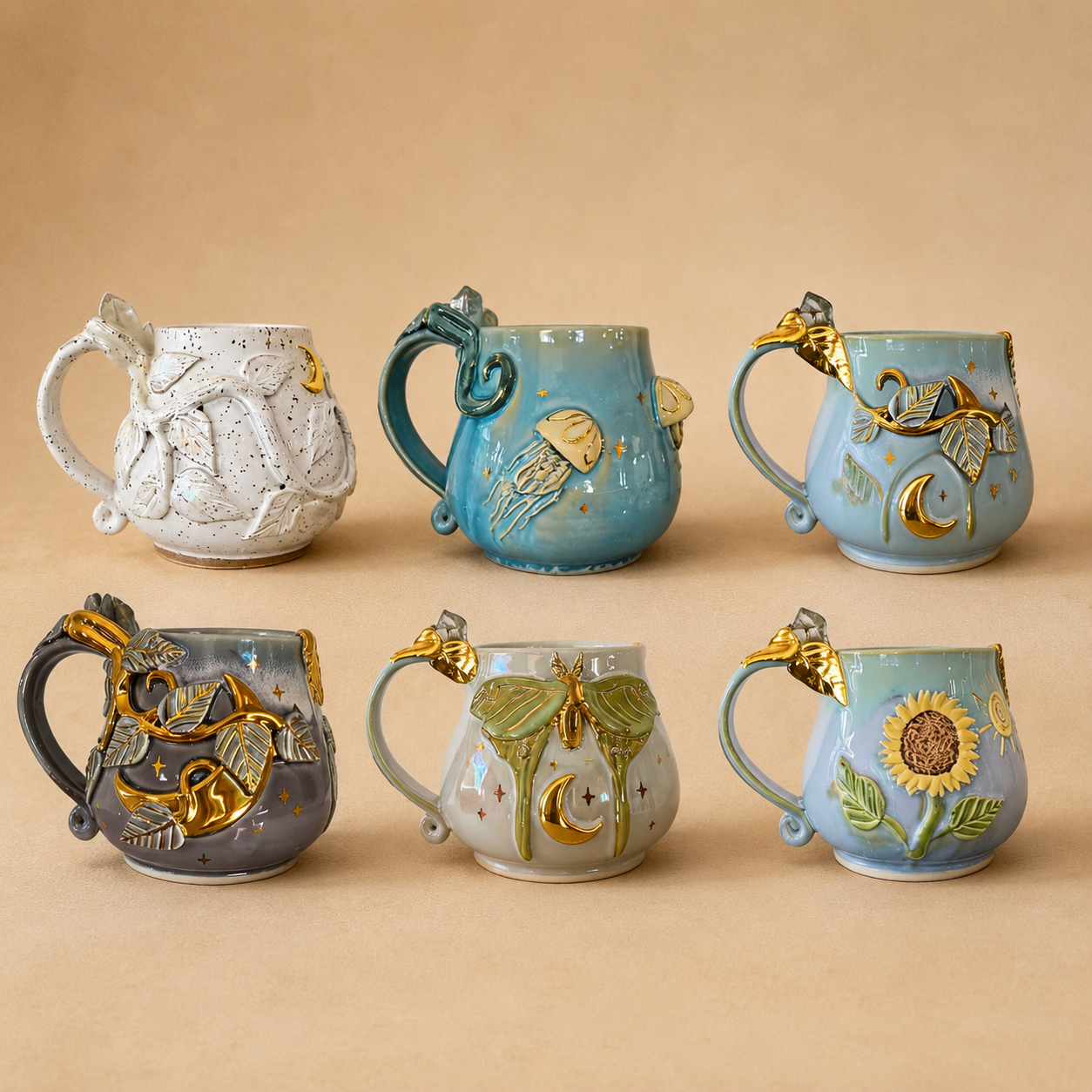 6 Pack Nature & Ocean Themed Artisan Mugs | 3D Handmade Coffee Cups