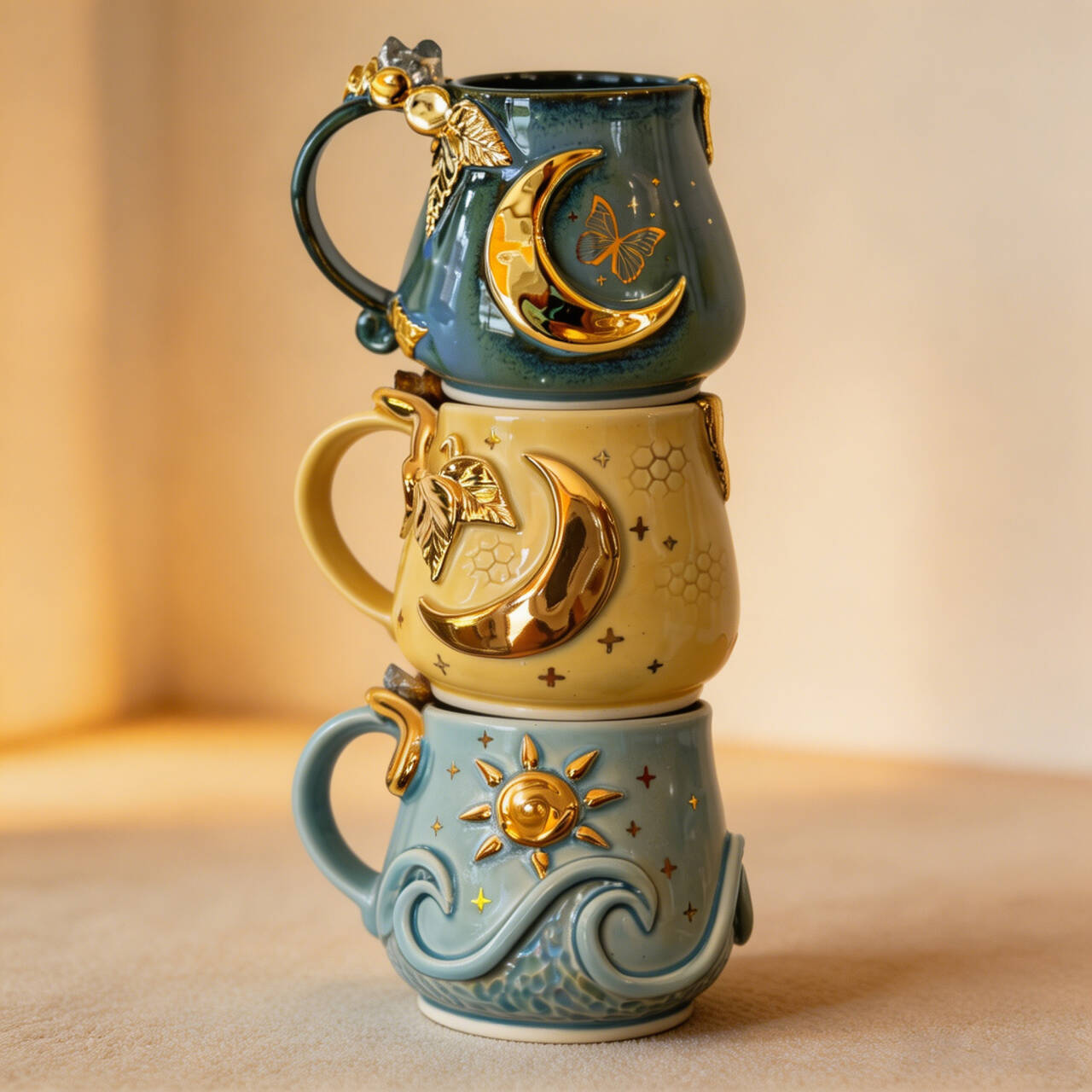 Celestial Gold Ceramic Mugs | Set of 3