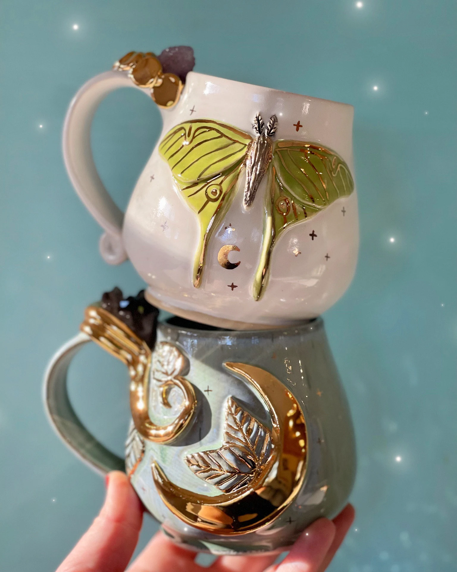 Luna Moth Gold Ceramic Mugs | Set of 2