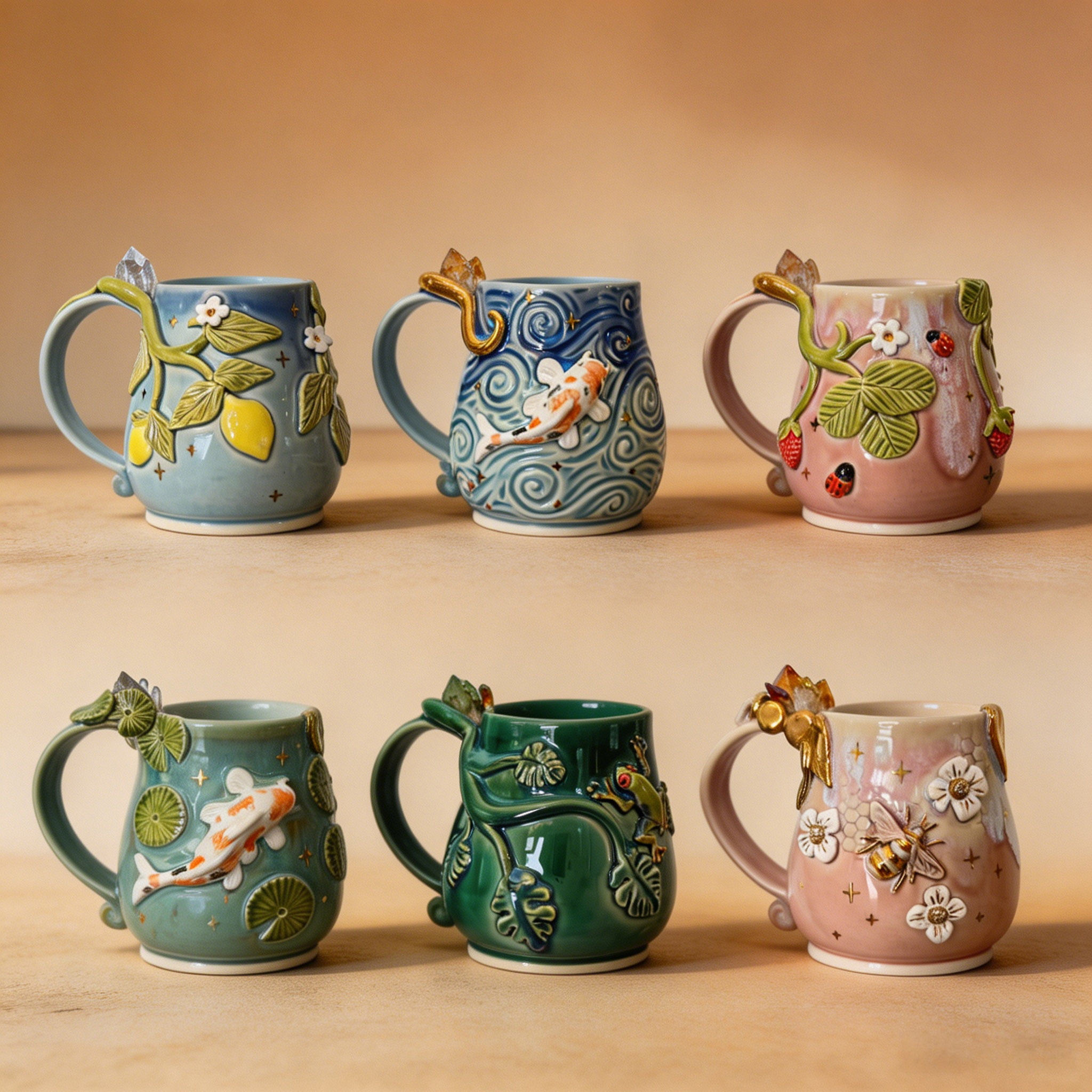 Handmade 3D Sculpted Ceramic Mugs | Set of 6