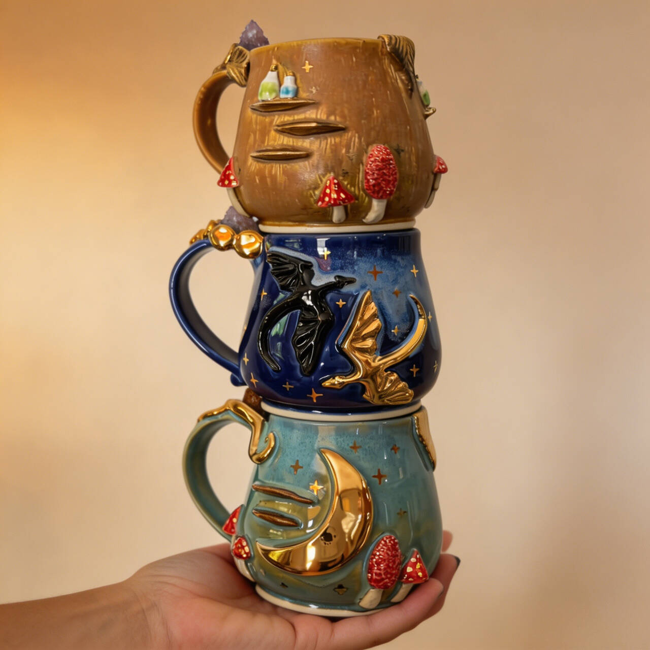 Fantasy Dragon Mushroom Mugs | Set of 3