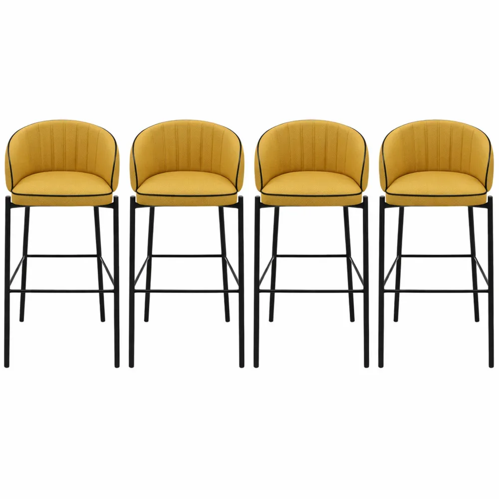 Lot de 4 tabourets de bar en tissu moutarde, hauteur 76 cm, chaises de comptoir avec dossier arrondi