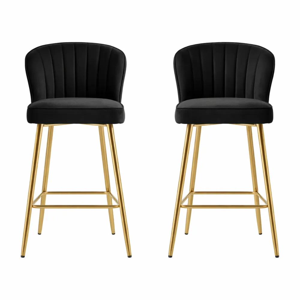 Chaises de Bar en Velours avec Pieds Dorés, Lot de 2, Noir