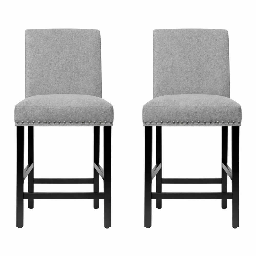 Ensemble de 2 tabourets de bar avec dossier et assise rembourrés, pieds en bois massif, hauteur 64 cm, gris foncé