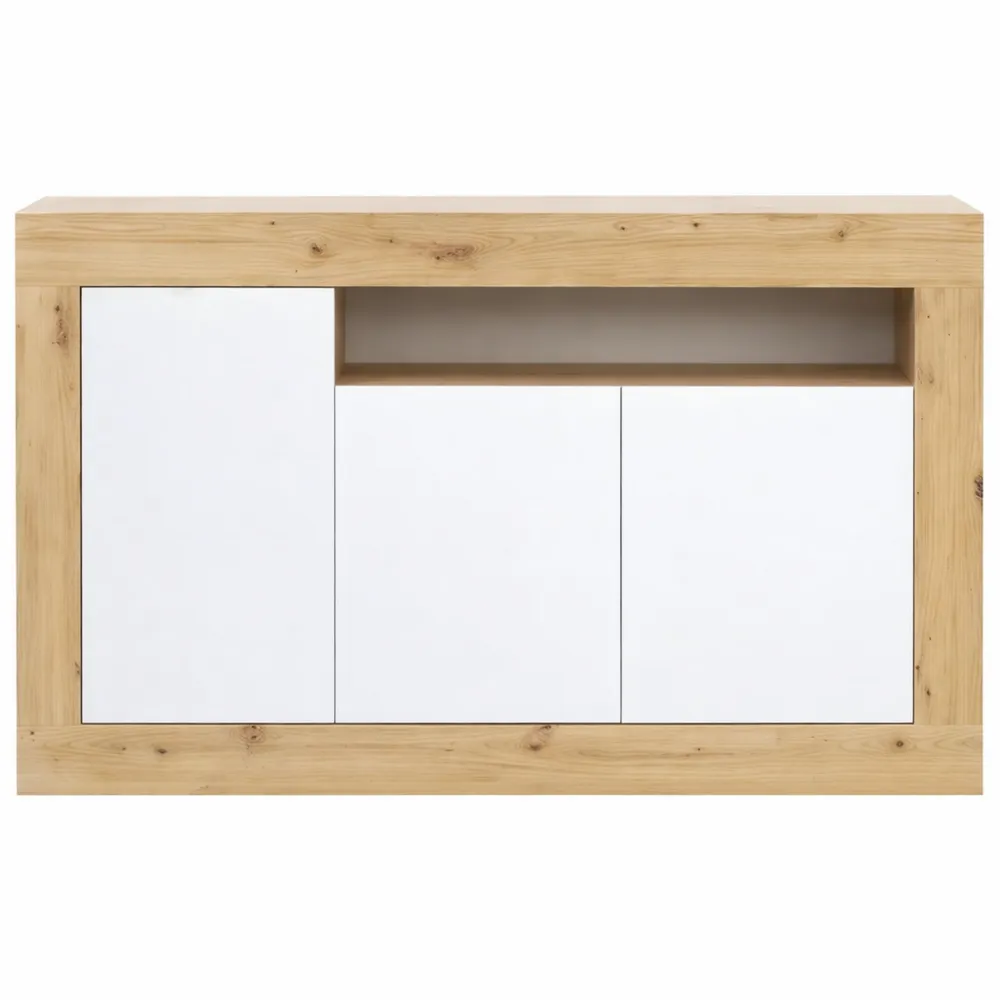 Buffet 3 portes pour salon, armoire d'appoint blanche et chêne