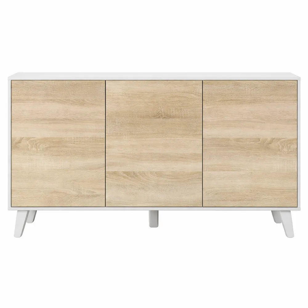 Buffet de Salon 3 Portes, Blanc Brillant et Chêne Canadien, 154 x 75 x 41 cm