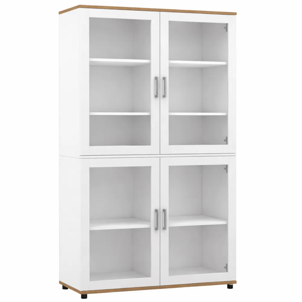 Buffet Haut 176 cm avec 4 Portes Vitrées, Blanc et Bois