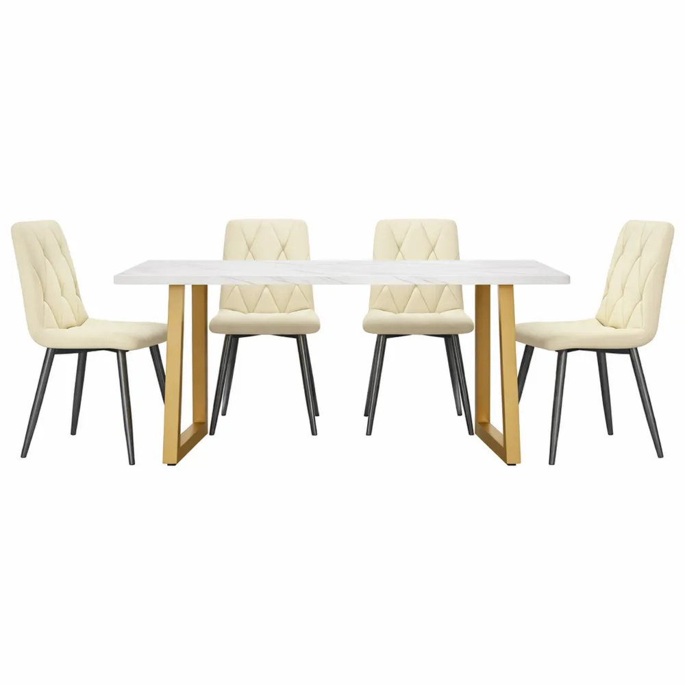 Table de Salle à Manger avec Chaises en Velours Beige et Pieds Dorés