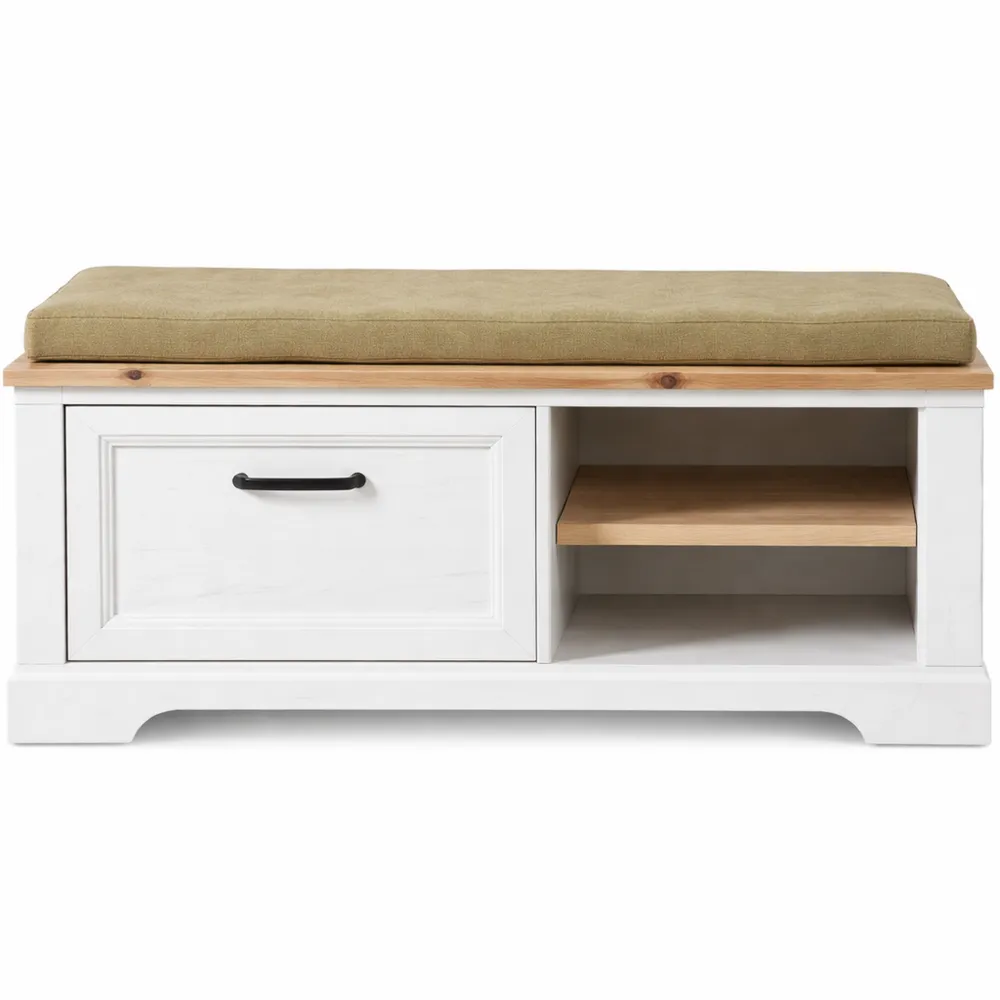Banc rembourré avec espace de rangement pour entrée, bois pin clair