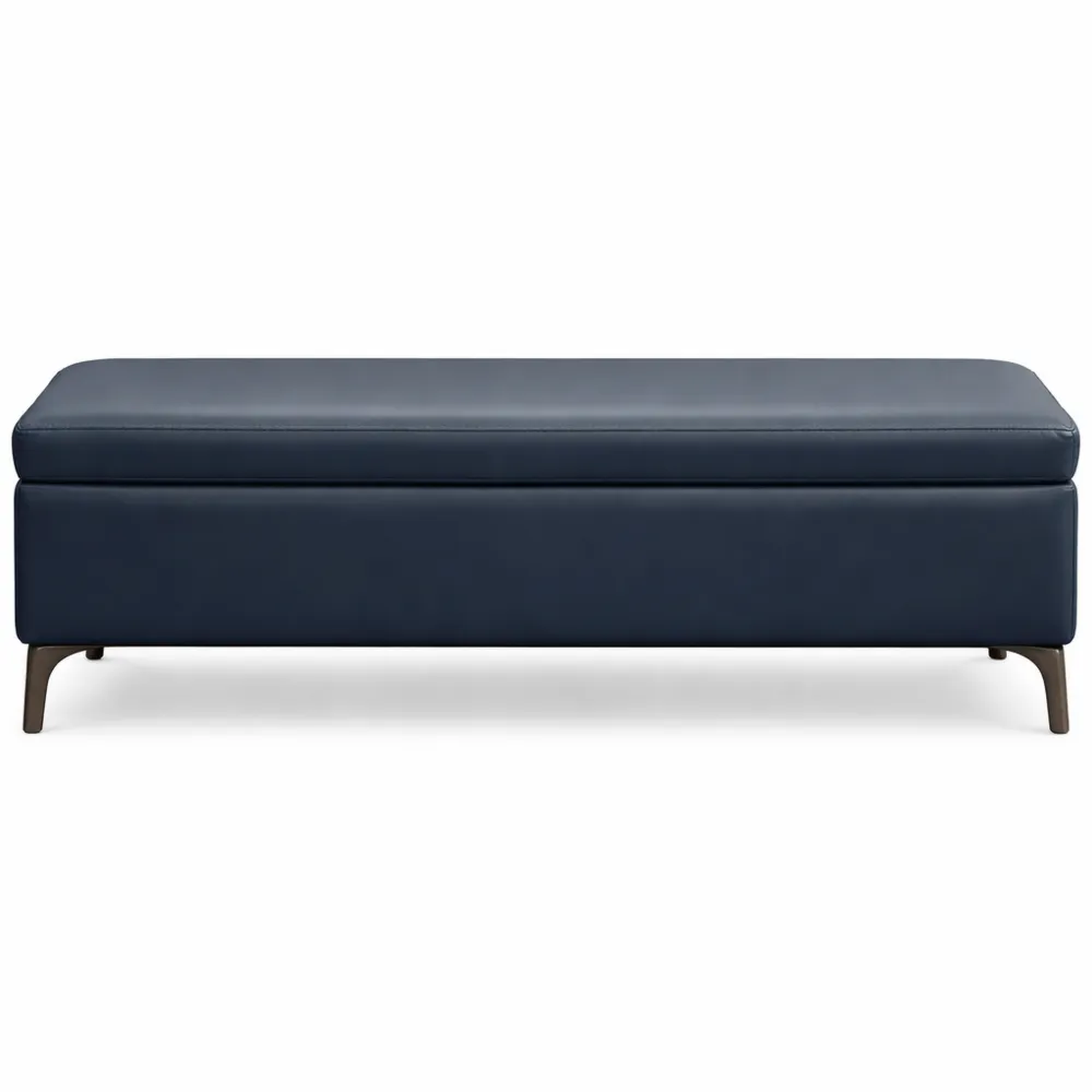 Banc de rangement rectangulaire en cuir bleu avec pieds en métal