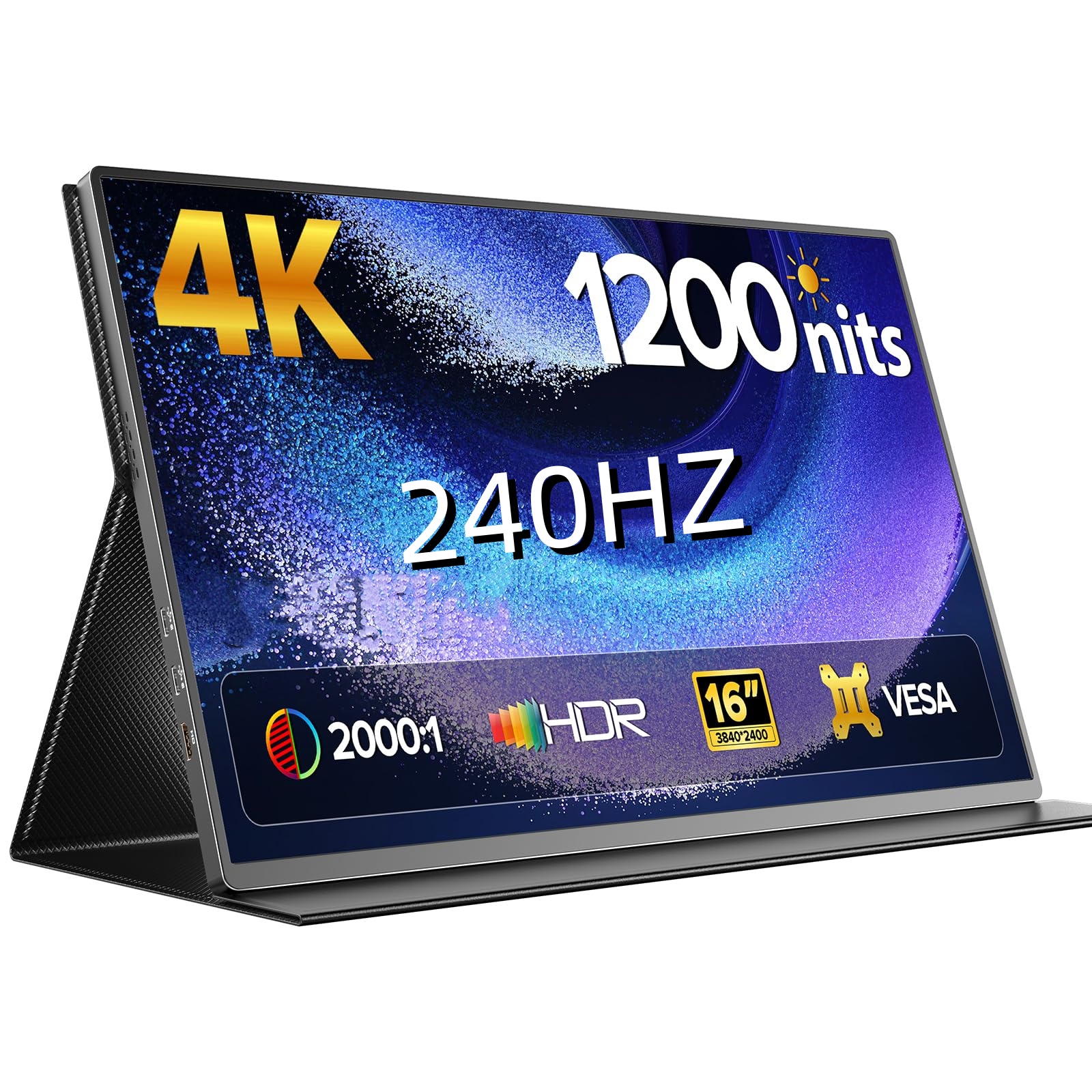 Portable Monitor 4K 16" | 1200 Nits Laptop Monitor | 3840 * 2400 UHD | 145% sRGB, 2000:1 Contrast | USB-C & MINI HDMI | VESA & Smart Case | Travel Screen for Computer, PC, Game Consoles