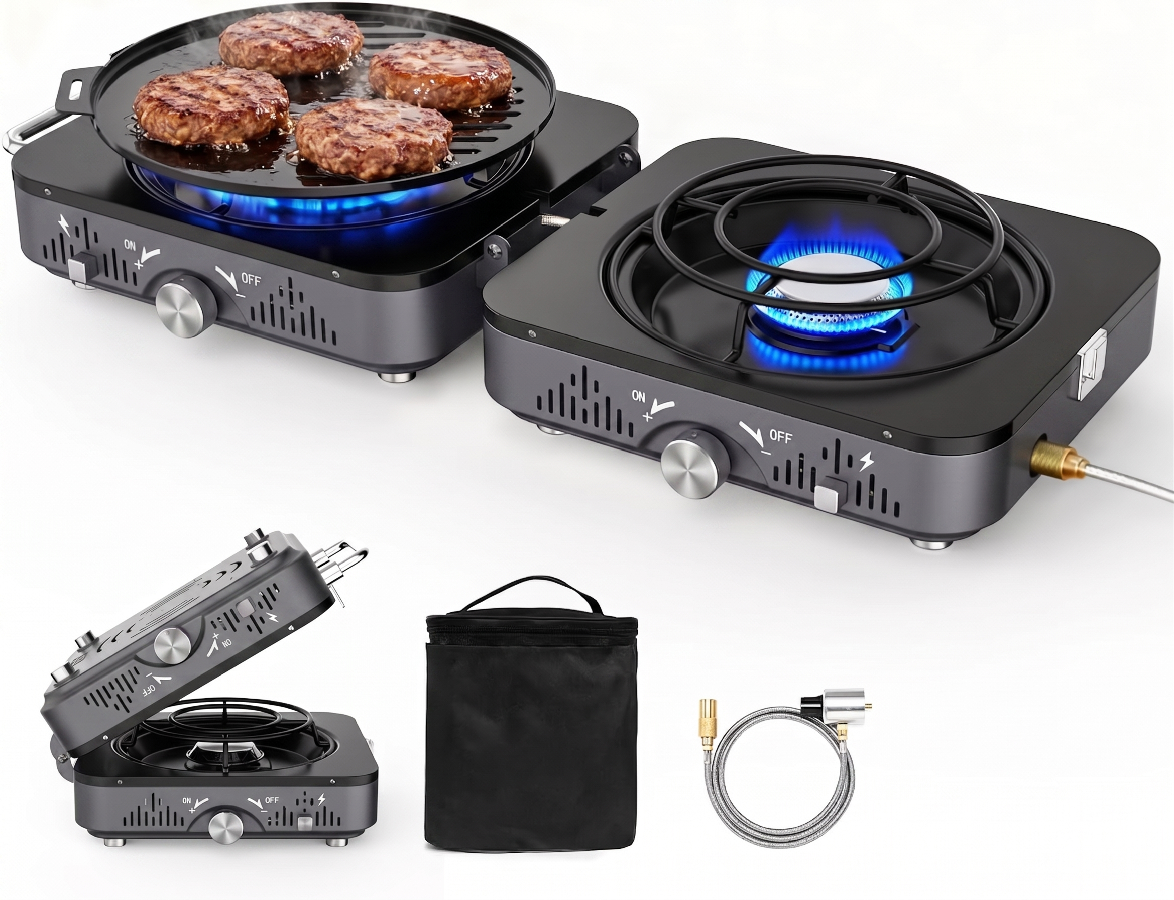 Portable 2 Burner Propane Camping Stove – Folding Outdoor Gas Cooker with Frying Pan & Carry Bag