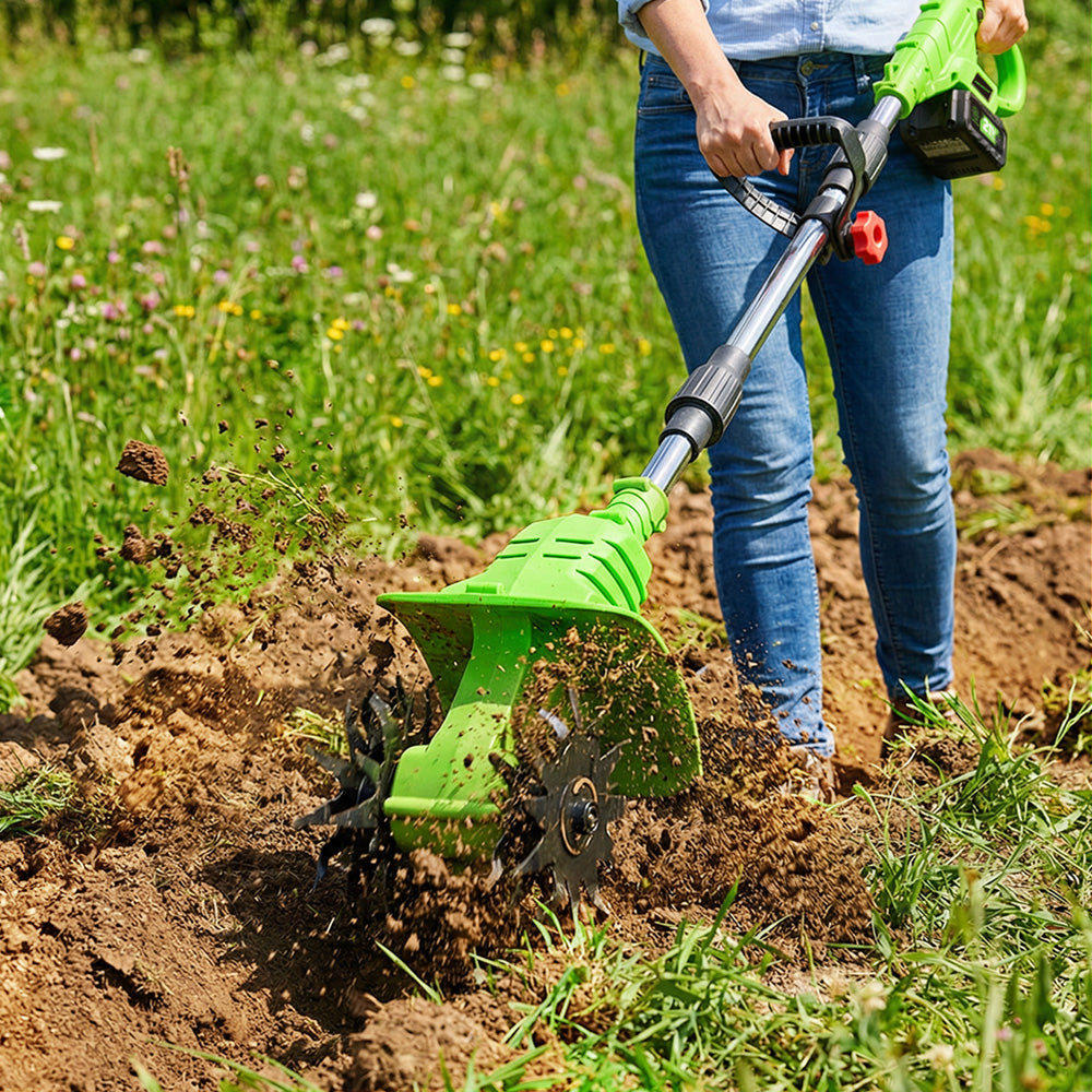 Umymall 8 In. Cordless Handheld Garden Tiller with Cultivating Blades & Tilling Wheels